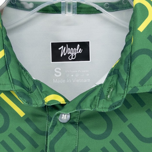 Waggle Mens Small Golf Polo Shirt Dude All Over Print Stretch Green Short Sleeve - Picture 3 of 7